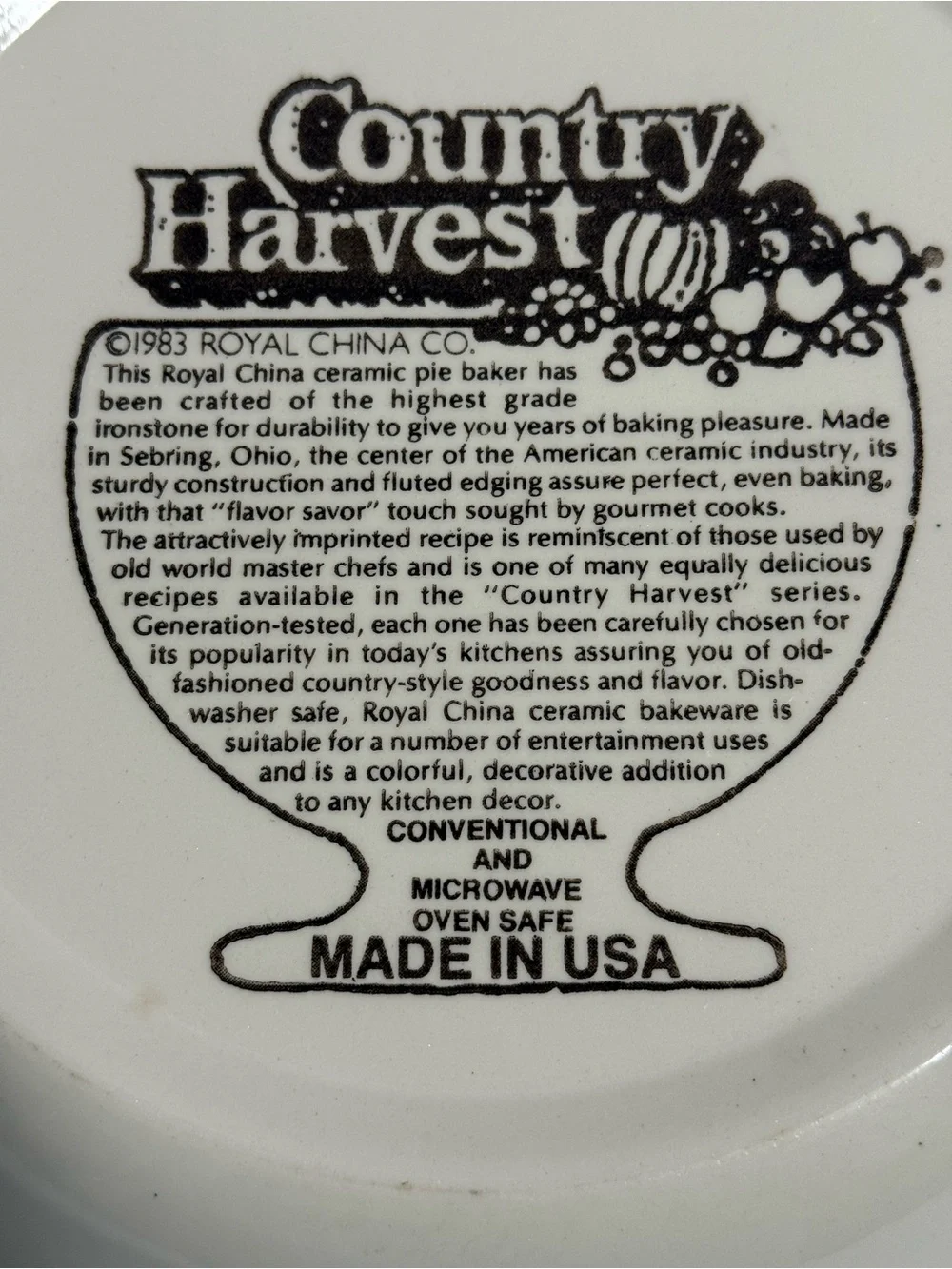 Vintage 1983 Royal China Apple Pie Recipe Plate Deep Dish